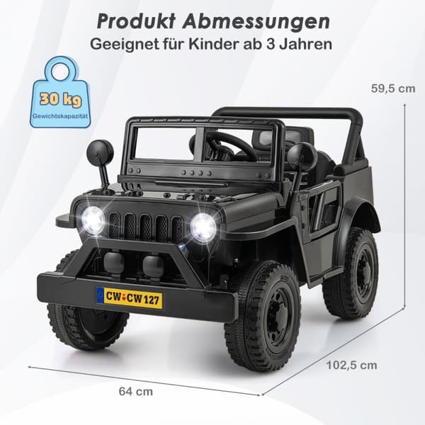 Børnebil med 12 V batteri elbil med fjernbetjening 3 hastigheder sort 102,5 x 64 x 59,5 cm