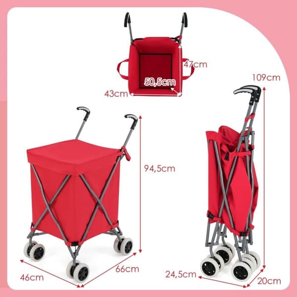 Taitettava ostoskärry pyörillä Tilavuus 90L/55kg käsikärry irrotettavalla Oxford Bag Red