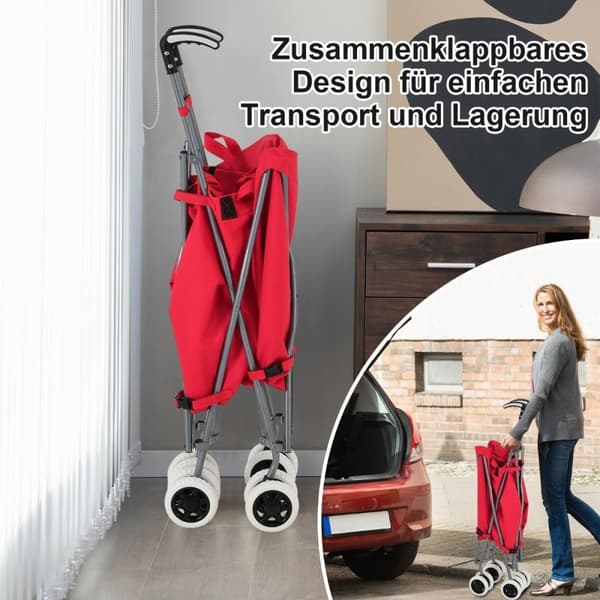 Taitettava ostoskärry pyörillä Tilavuus 90L/55kg käsikärry irrotettavalla Oxford Bag Red