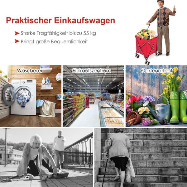 Taitettava ostoskärry pyörillä Tilavuus 90L/55kg käsikärry irrotettavalla Oxford Bag Red