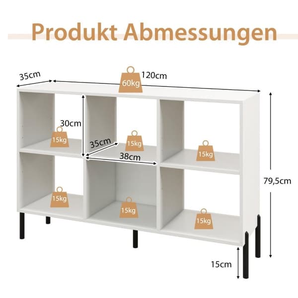 Reol med 6 rum stående hylde med hævede metalben og justerbare hylder 120 x 35 x 79,5 cm hvid
