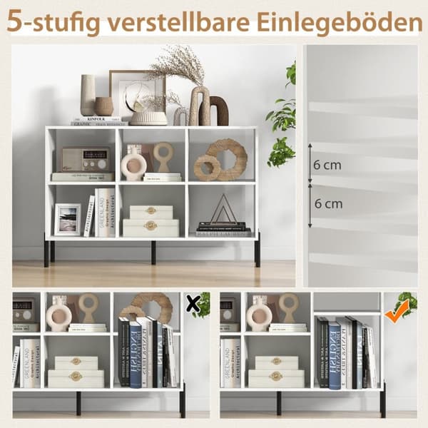 Reol med 6 rum stående hylde med hævede metalben og justerbare hylder 120 x 35 x 79,5 cm hvid