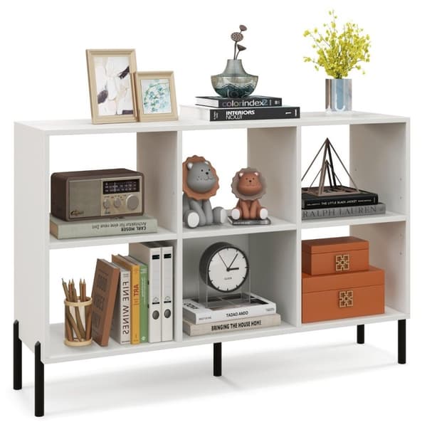 Reol med 6 rum stående hylde med hævede metalben og justerbare hylder 120 x 35 x 79,5 cm hvid