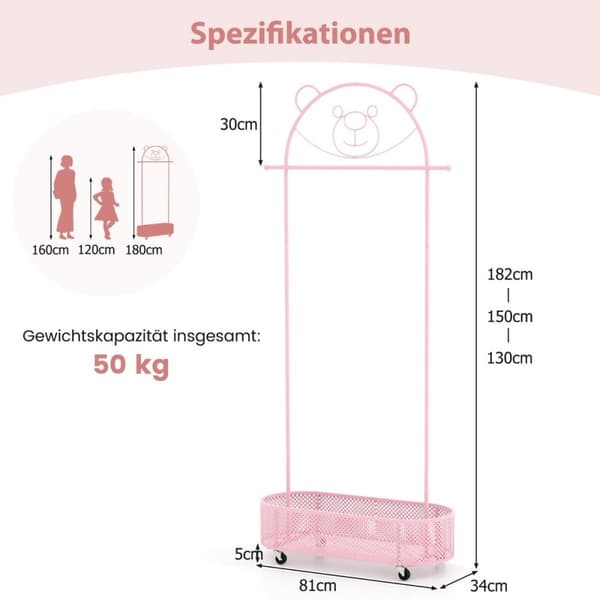 Barnetøystativ høydejusterbar fra 130cm/150cm/182cm klesstativ på hjul rosa