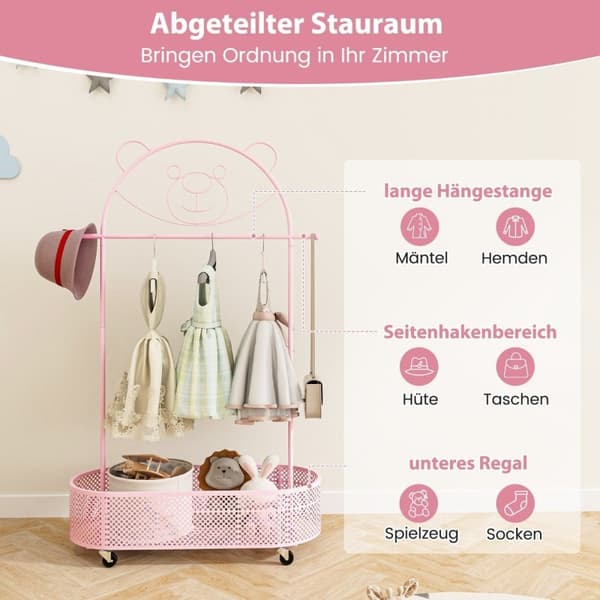 Barnetøystativ høydejusterbar fra 130cm/150cm/182cm klesstativ på hjul rosa