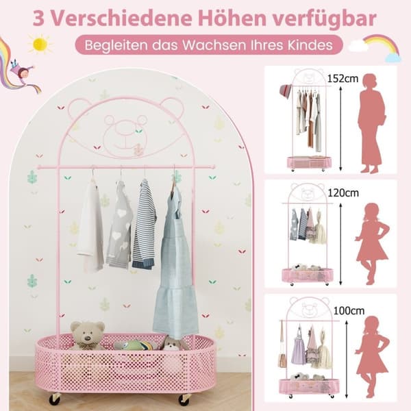 Lasten vaatehyllyn korkeus säädettävissä 130cm/150cm/182cm takkiteline pyörillä pinkki