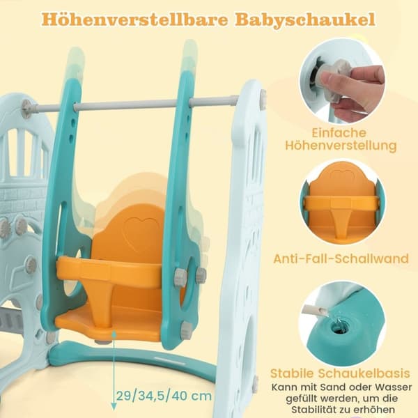 Børnegynge med højdejusterbar babyrutschebane 4 i 1 gynge & rutchebane & basketballkurve & stigegrøn