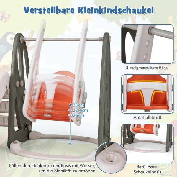Barngunga med rutschkana hopfällbar 4 i 1 gunga & rutschkana & basketkorg & stege orange