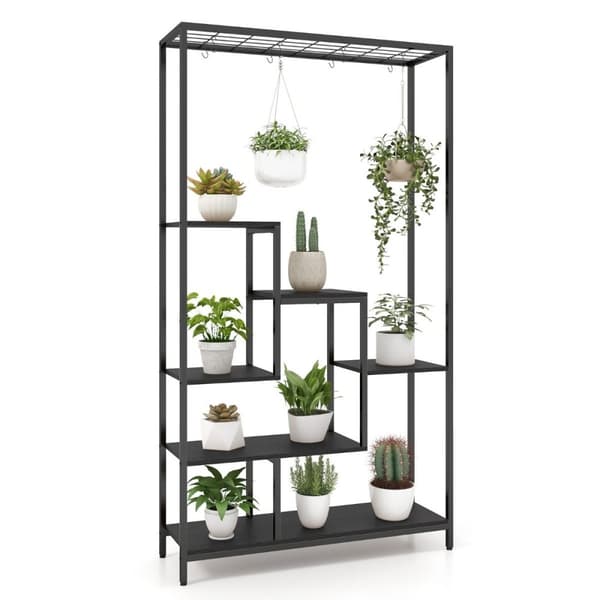 Musta kasviteline 6 kerrosta 180 cm kasvihylly metallia 10 S-koukulla