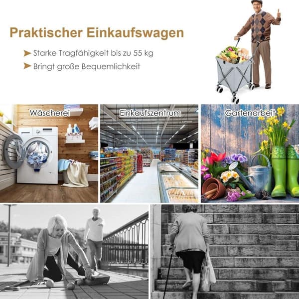 Sammenleggbar handlevogn med hjul Kapasitet 90L/55kg Håndvogn med avtagbar Oxford-veske Grå