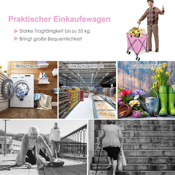 Taitettava ostoskärry pyörillä Tilavuus 90L/55kg käsikärry irrotettavalla Oxford-laukulla Pink