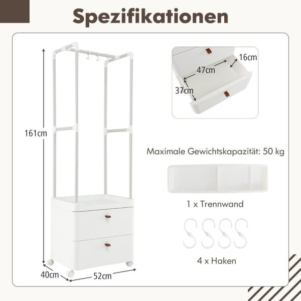 Klesstativ med 2 skuffer klesstativ med låsbare hjul 52 x 40 x 161 cm hvit