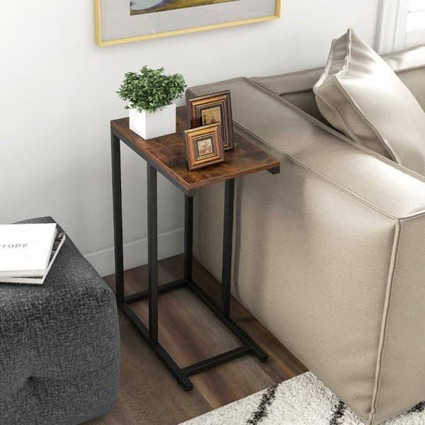 Sidebord C-formet sofabord med metallramme salongbord for stue rustikk brun