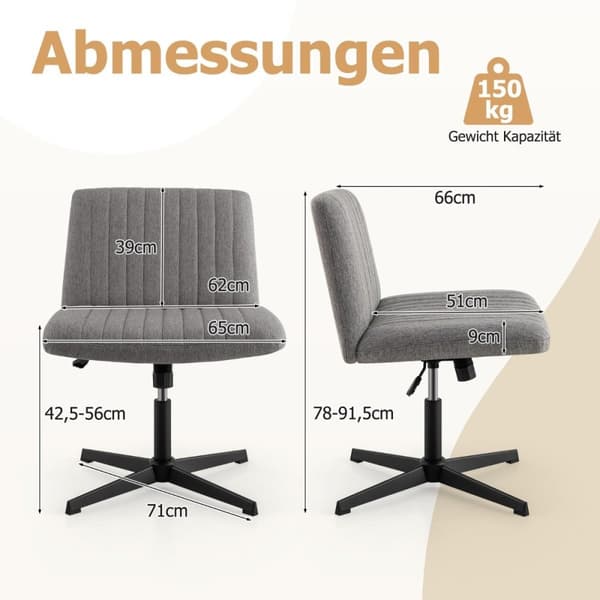Stol med kryssben uten armlener svingstol med bredsete skrivebordsstol grå