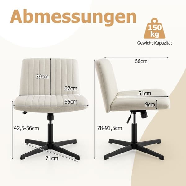 Cross-bened stol uden armlæn drejestol med bred sæde skrivebordsstol beige