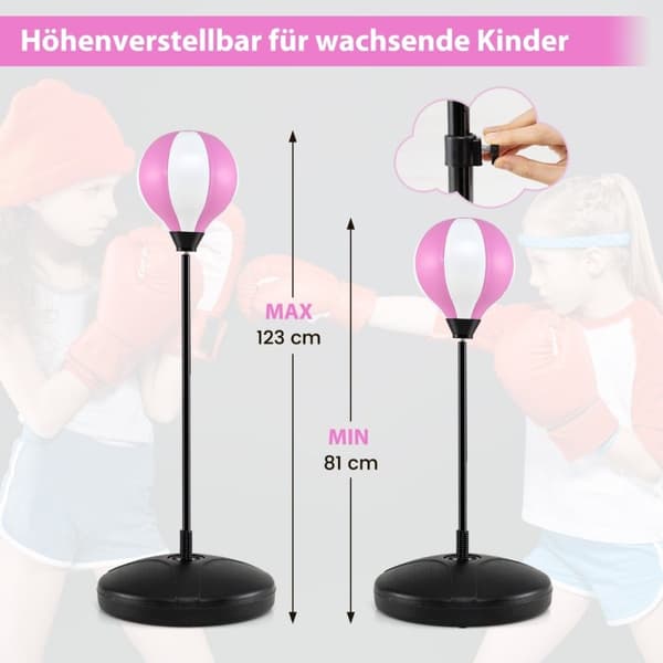 81-123,5cm høydejusterbar bokseball inkl. boksehansker & håndpumpe barneboksesett rosa