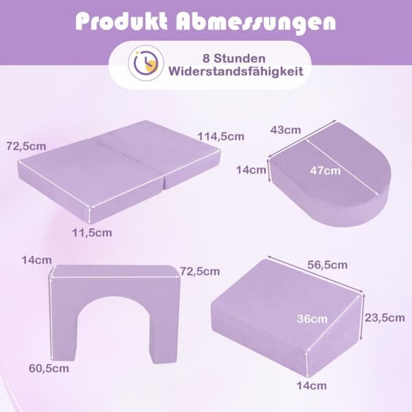 Lasten sohva 8-osainen leikkisohva vaahtomuovirakennuspalikoista mukavalla mokkanahkakankaalla, violetti