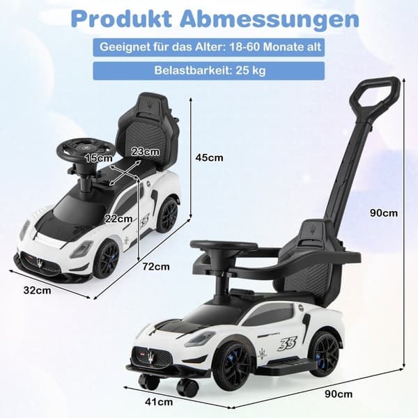 Mazerati ride-on bil ride-on køretøj med beskyttende bar &amp; Trykstang hvid