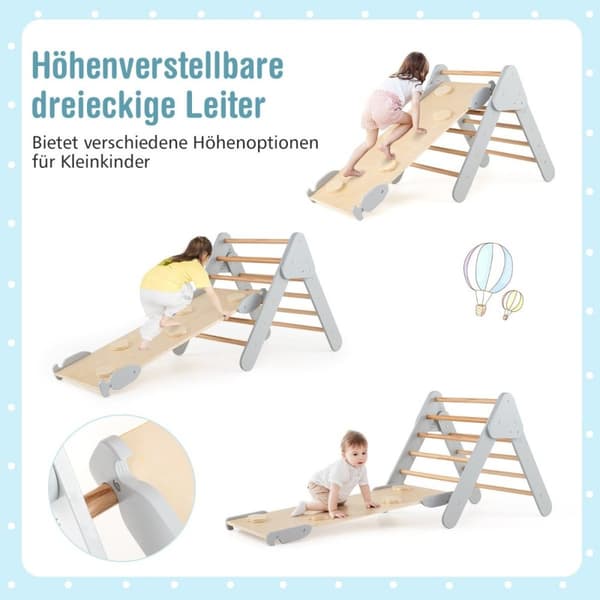 Klatretrekant med sklie, klatrebue inkl. dobbeltsidig rampe, grå