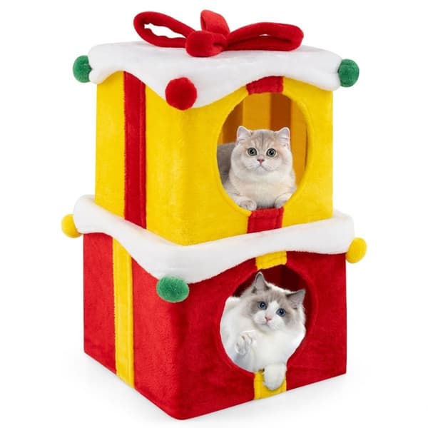 2-vånings julkattgrotta med pilbåge och boll staplingsbara presentförpackningar Cat House