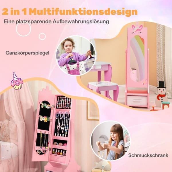 2 i 1 smykkeskap for barn med speil i full lengde &amp; Skuffespeil skap sminkespeil rosa