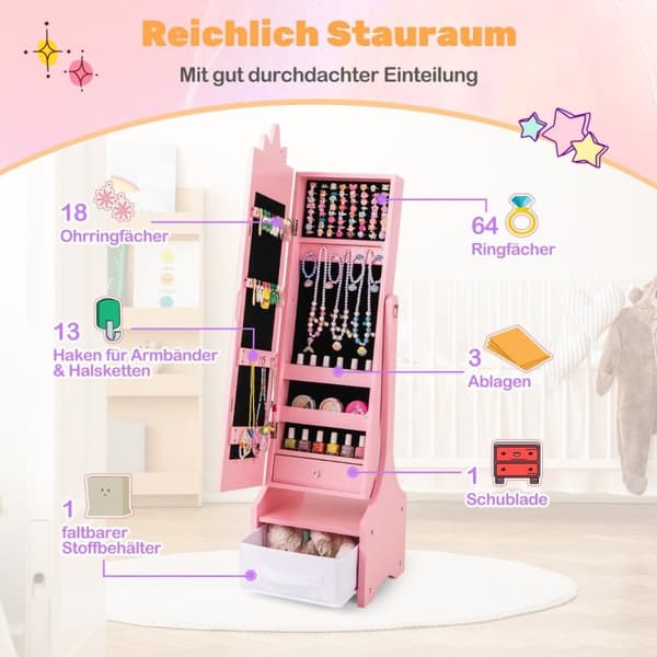 2 i 1 smykkeskap for barn med speil i full lengde &amp; Skuffespeil skap sminkespeil rosa
