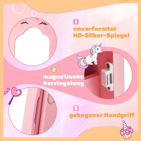 2 i 1 smykkeskap for barn med speil i full lengde &amp; Skuffespeil skap sminkespeil rosa
