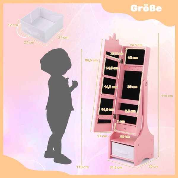 2 i 1 smykkeskap for barn med speil i full lengde &amp; Skuffespeil skap sminkespeil rosa
