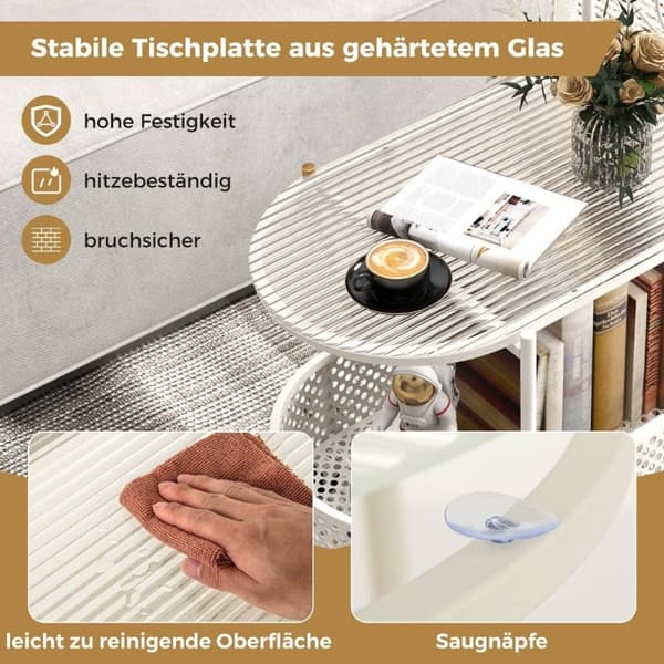 Sidobord i glas med hjul 2-vånings glasbord med björnmönster 60 x 40 x 76 cm vit
