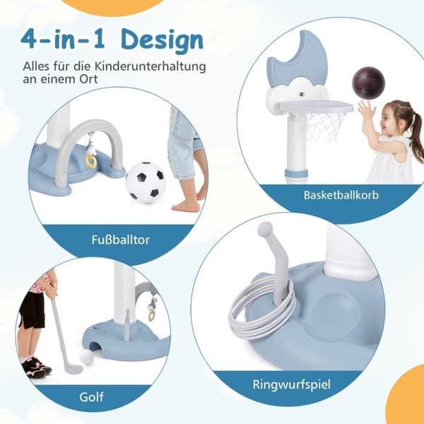 4 i 1 basketballkurvesett for barn med basketball &amp; Fotball &amp; Ringkastingsbasketballstativ blå