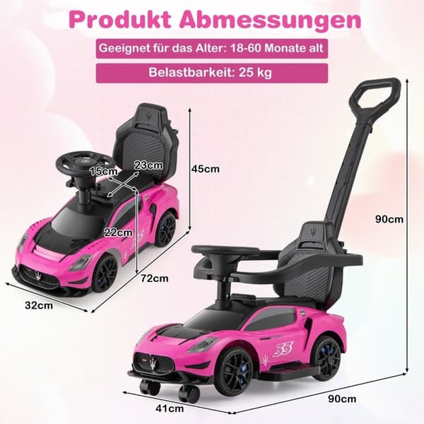 Mazerati ride-on bil ride-on køretøj med beskyttende bar &amp; Push bar pink