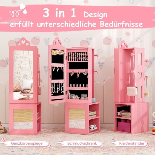 3 i 1 spejlskab med fuld længde spejl &amp; Tøjstativ børns smykkeskab pink