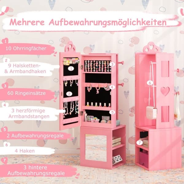3 i 1 spejlskab med fuld længde spejl &amp; Tøjstativ børns smykkeskab pink