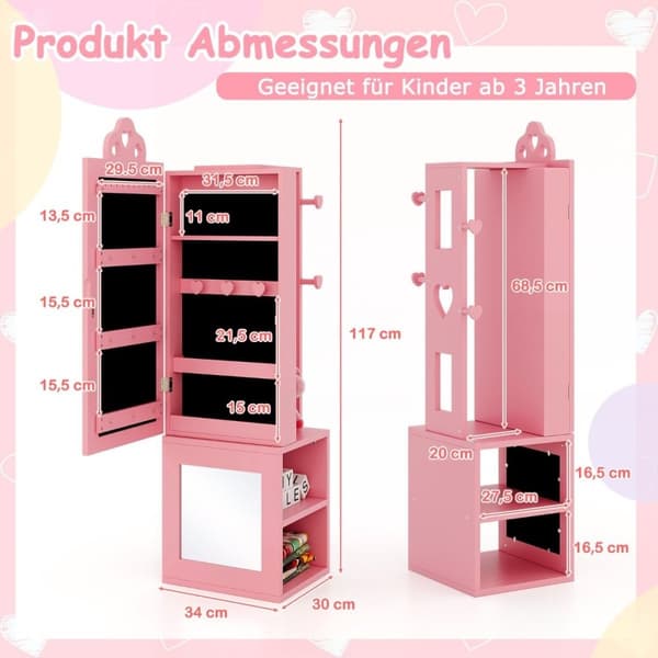 3 i 1 spejlskab med fuld længde spejl &amp; Tøjstativ børns smykkeskab pink
