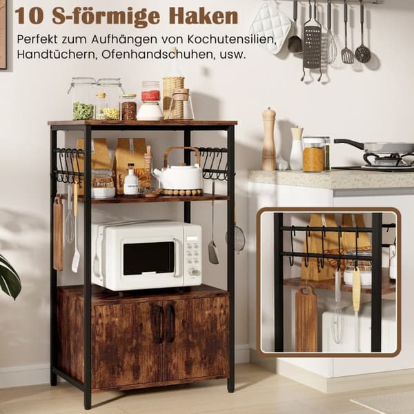 Kjøkkenhylle med skap 3-lags bakerhylle med 2 åpne hyller og 10 kroker 60 x 40 x 100 cm brun