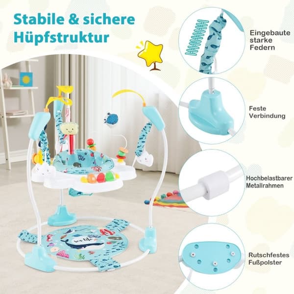 Baby Sky Jumperoo med justerbare høyder og leker og spilleboks lyseblå