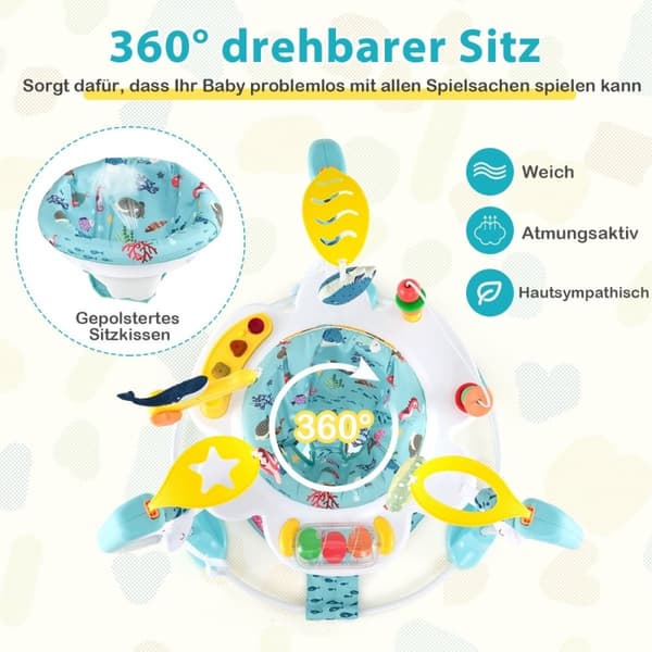 Baby Sky Jumperoo med justerbare høyder og leker og spilleboks lyseblå