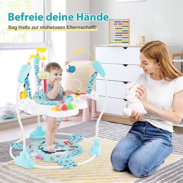 Baby Sky Jumperoo med justerbare høyder og leker og spilleboks lyseblå