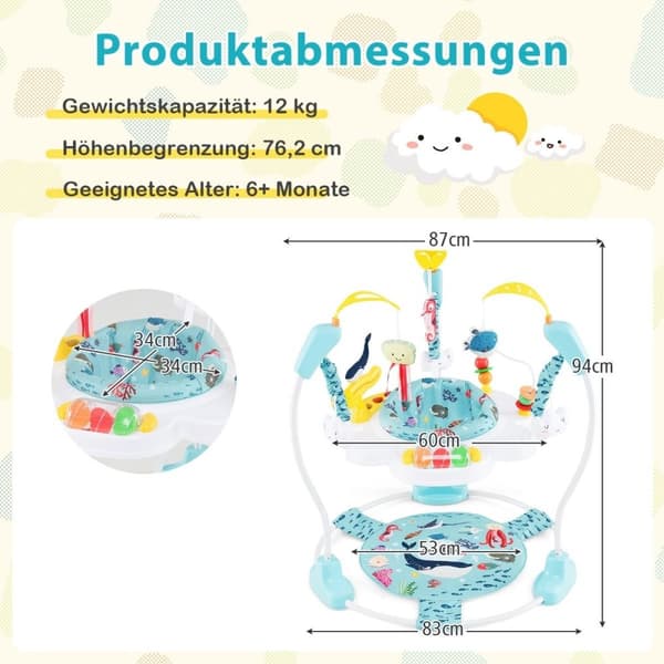 Baby Sky Jumperoo med justerbare høyder og leker og spilleboks lyseblå