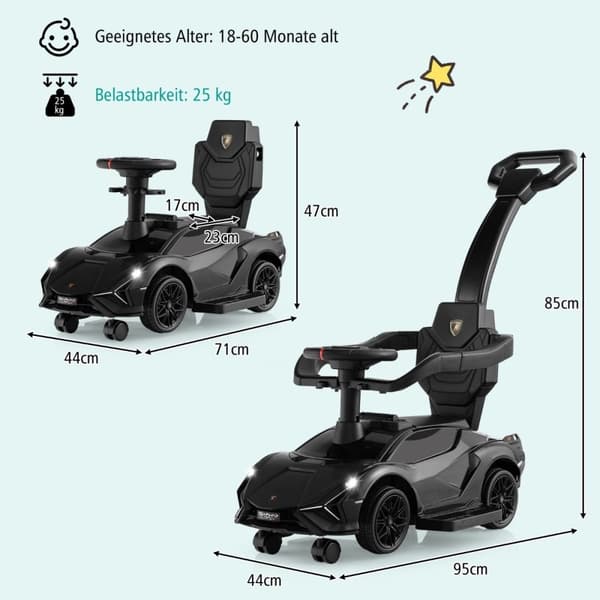 3-i-1 Lamborghini ride-on bil skyvebil med frontlykter &amp; Musikk &amp; Sort oppbevaringsplass