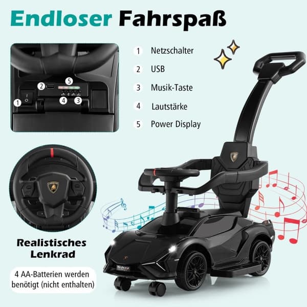 3-i-1 Lamborghini ride-on bil skyvebil med frontlykter &amp; Musikk &amp; Sort oppbevaringsplass