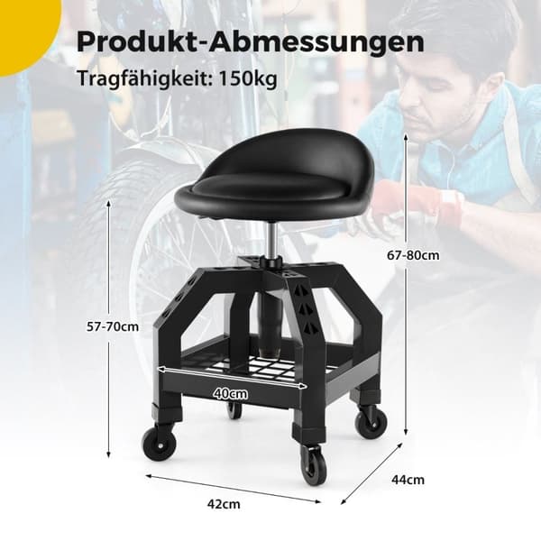 Højdejusterbar værkstedsstol 150 kg bæreevne med værktøjsbakke værkstedsstol sort