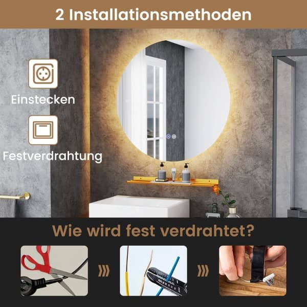 Ø60cm rundt baderomsspeil med belysning & berøringsbryter & minnefunksjon veggspeil