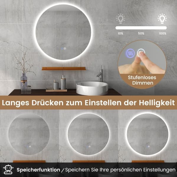 Ø60cm rundt baderomsspeil med belysning & berøringsbryter & minnefunksjon veggspeil