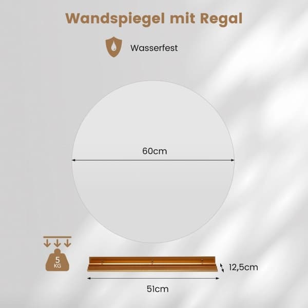Ø60cm rundt baderomsspeil med belysning & berøringsbryter & minnefunksjon veggspeil
