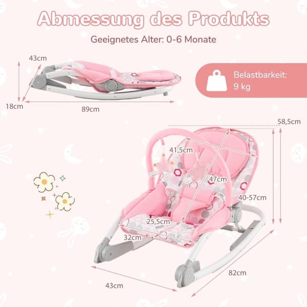 2 in 1 Baby Rocker kokoontaitettava kannettava vauvakeinu 3 tasossa säädettävällä selkänojalla vaaleanpunainen