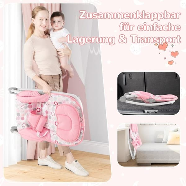 2 in 1 Baby Rocker kokoontaitettava kannettava vauvakeinu 3 tasossa säädettävällä selkänojalla vaaleanpunainen