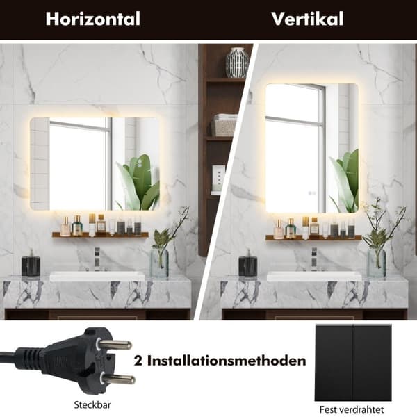 LED baderomsspeil med belysning & berøringsbryter & minnefunksjon veggspeil 70 x 50 cm