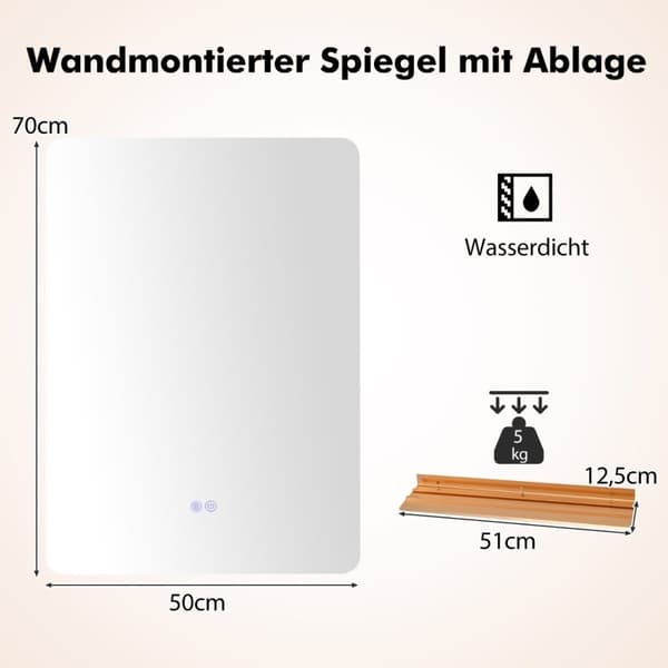 LED baderomsspeil med belysning & berøringsbryter & minnefunksjon veggspeil 70 x 50 cm
