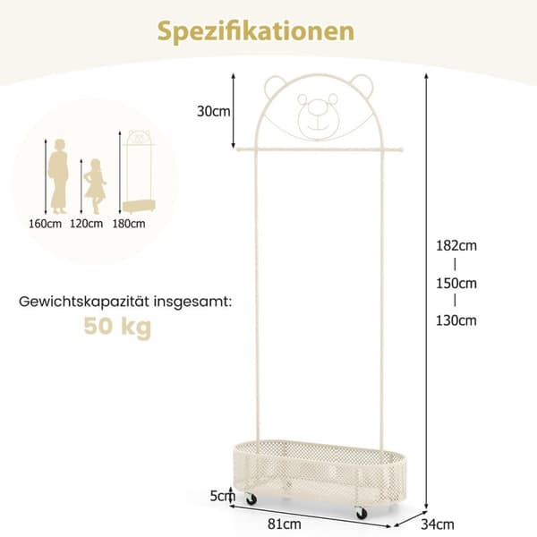 Lasten vaatehyllyn korkeus säädettävissä 130cm/150cm/182cm takkiteline pyörillä valkoinen